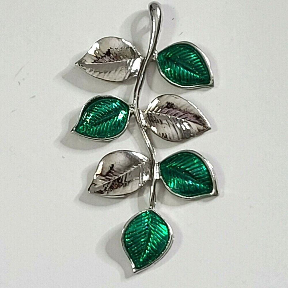 Multi Leaf Pendant Silvertone + Green 3" Long 1.5" Wide Polished Shiny - Picture 5 of 8